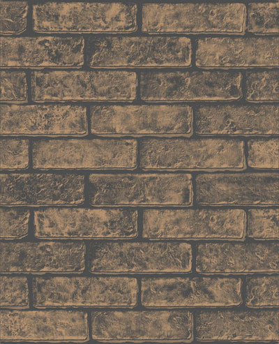 Metallic Brick Bronze Black Wallpaper