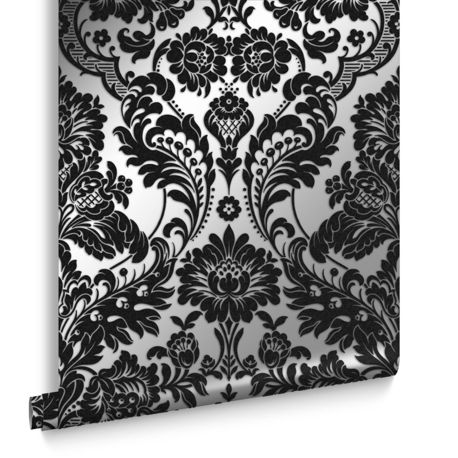 Gothic Damask Flock Black & Silver Wallpaper