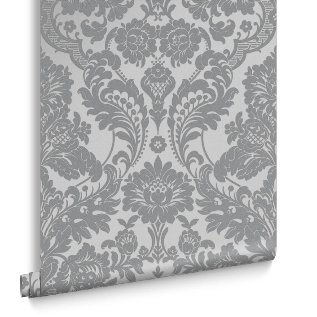 Gothic Damask Flock Grey & Silver Wallpaper
