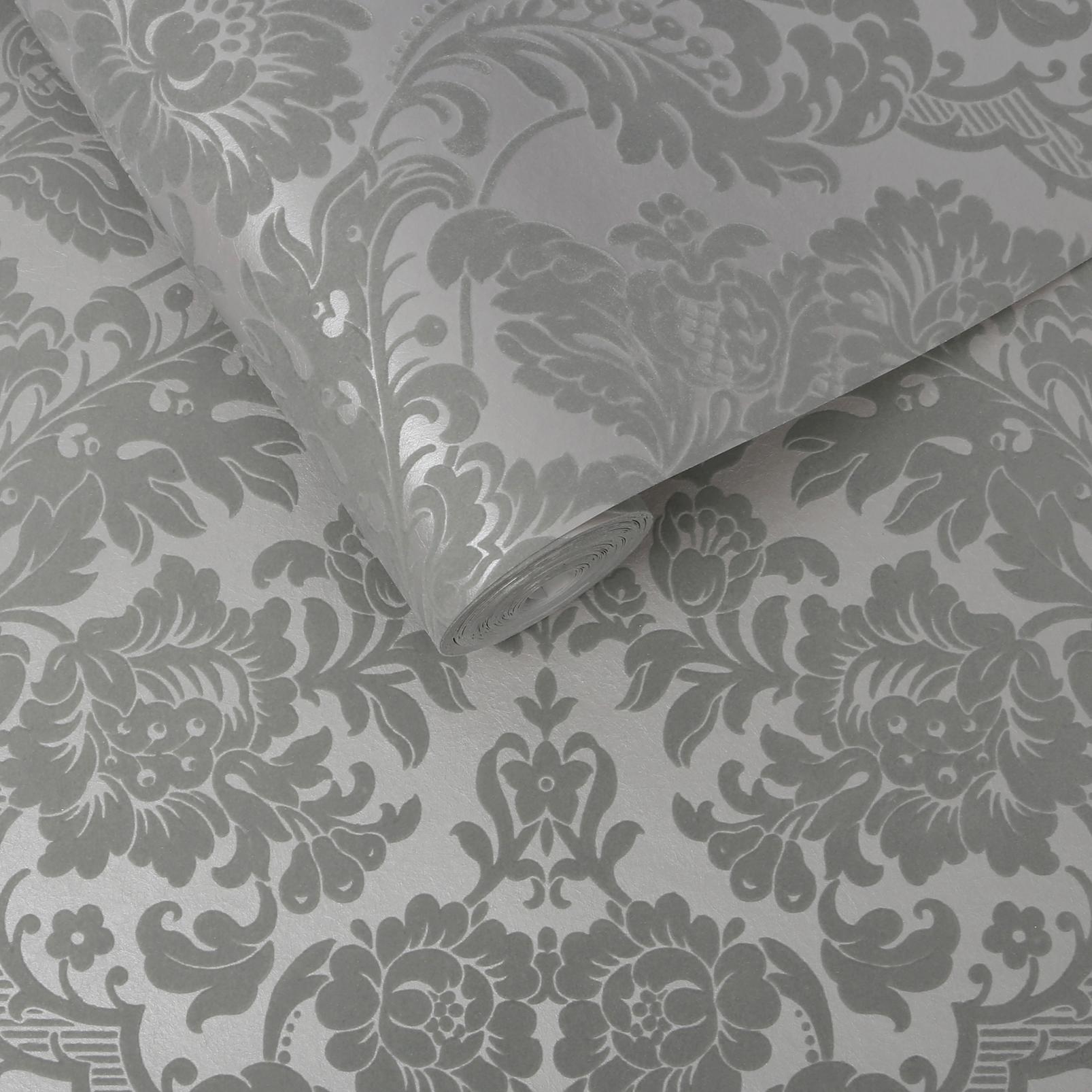 Gothic Damask Flock Grey & Silver Wallpaper