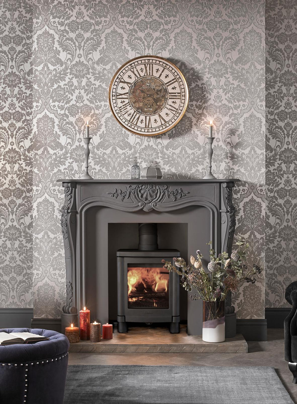 Gothic Damask Flock Grey & Silver Wallpaper