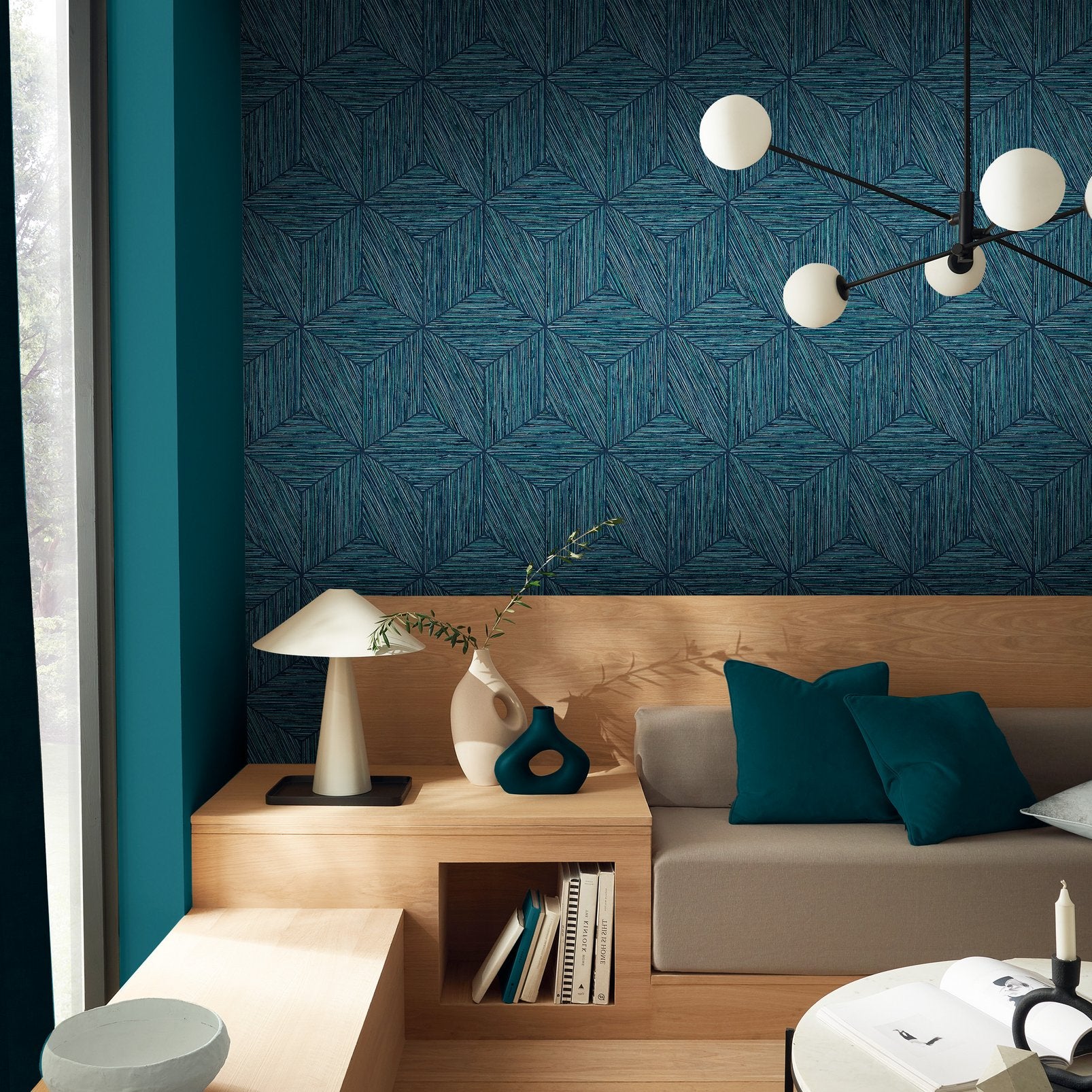 Grasscloth Geo Teal Wallpaper