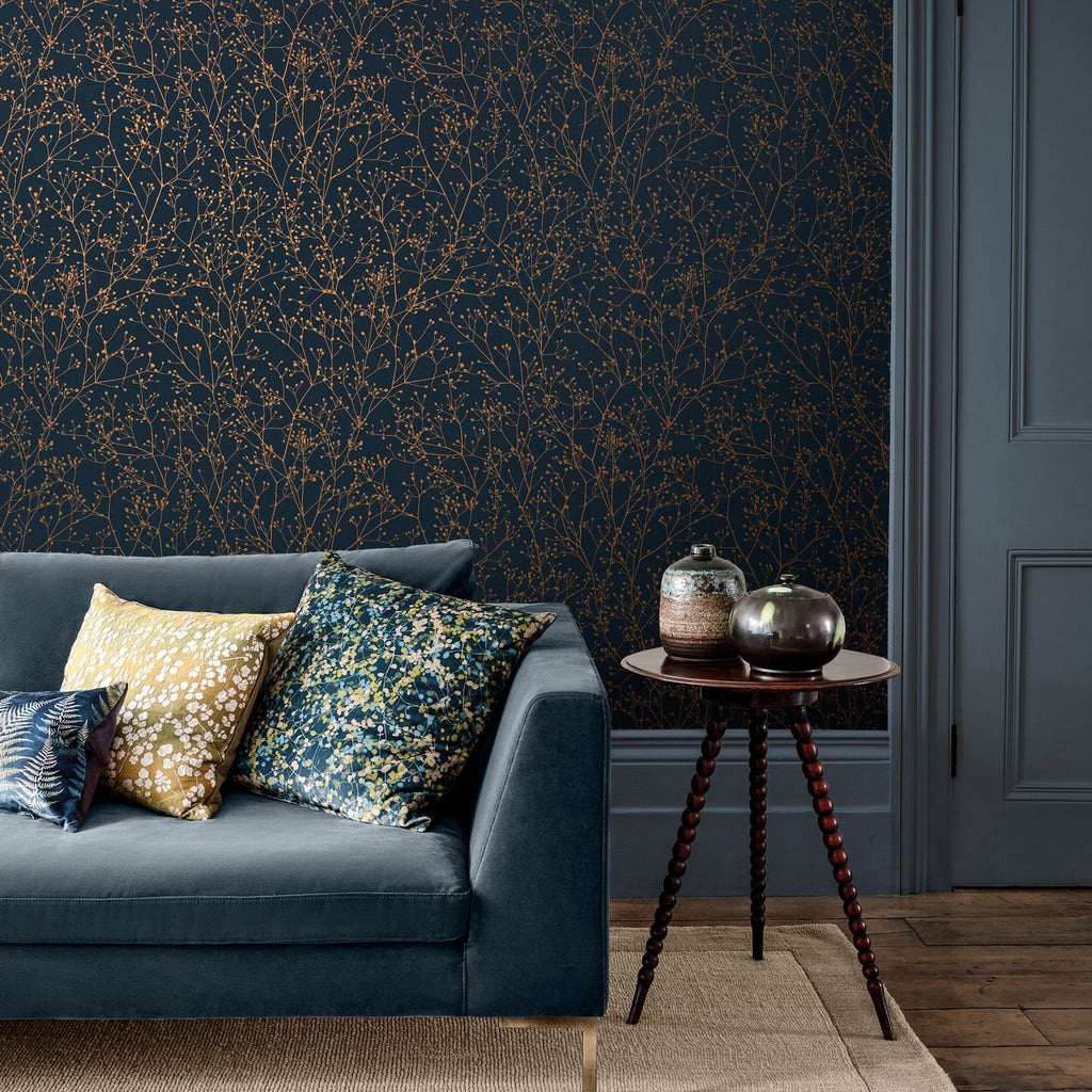 Gypsophila Midnight & Copper Wallpaper by Clarissa Hulse