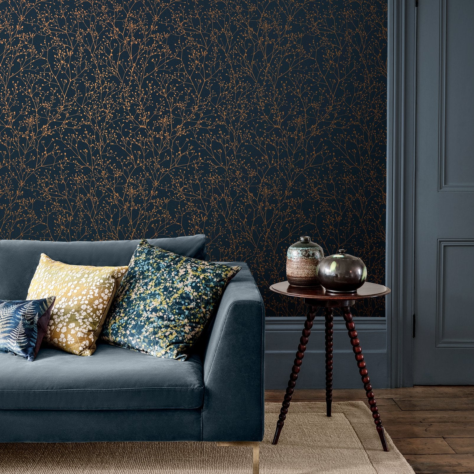 Gypsophila Midnight & Copper Wallpaper by Clarissa Hulse