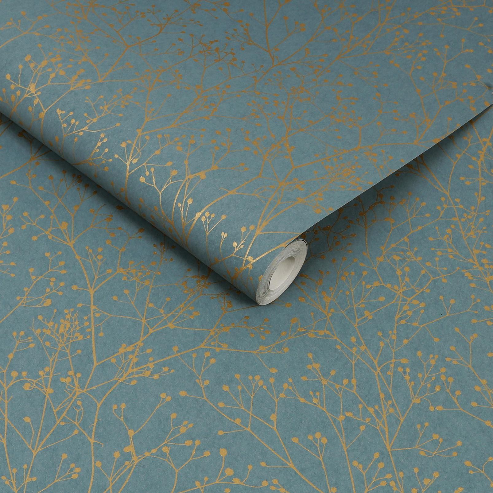 Gypsophila Airforce Blue & Soft Gold Wallpaper by Clarissa Hulse