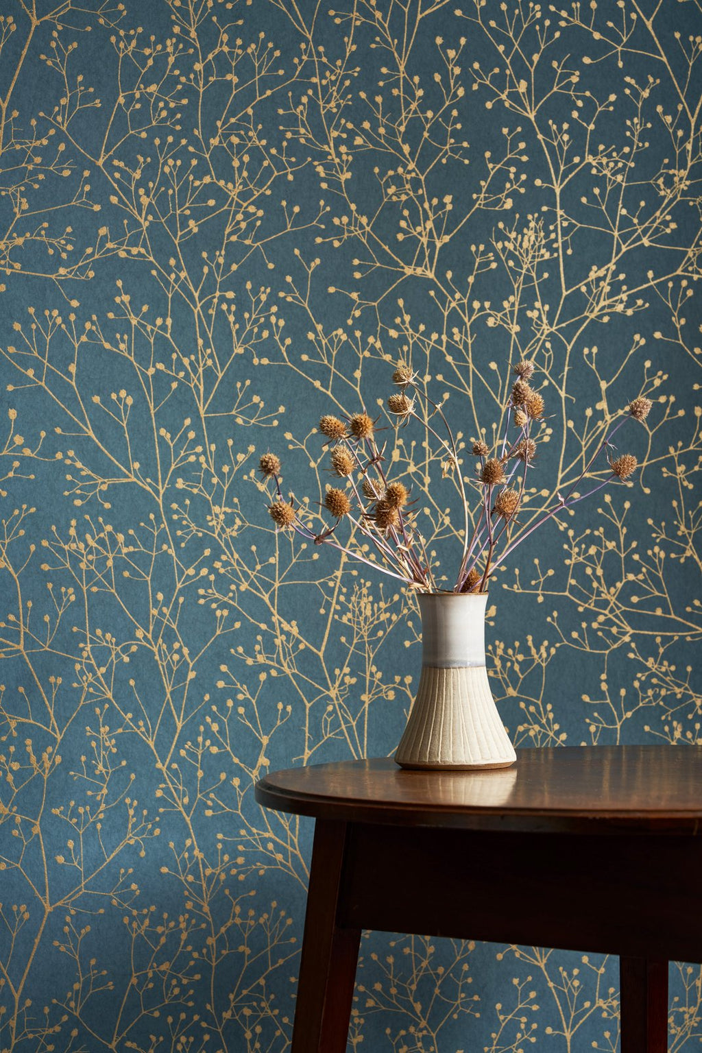 Gypsophila Airforce Blue & Soft Gold Wallpaper by Clarissa Hulse
