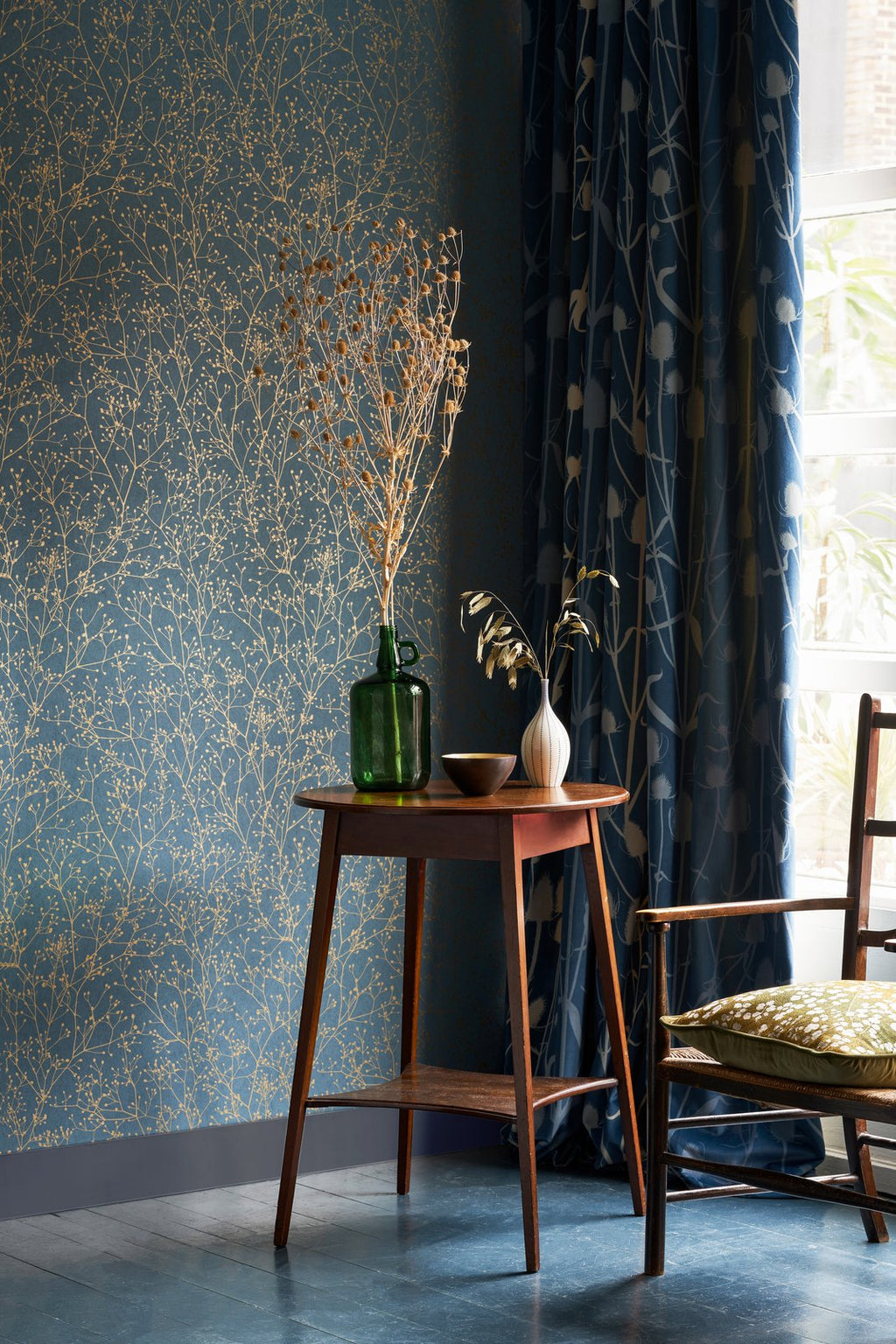Gypsophila Airforce Blue & Soft Gold Wallpaper by Clarissa Hulse