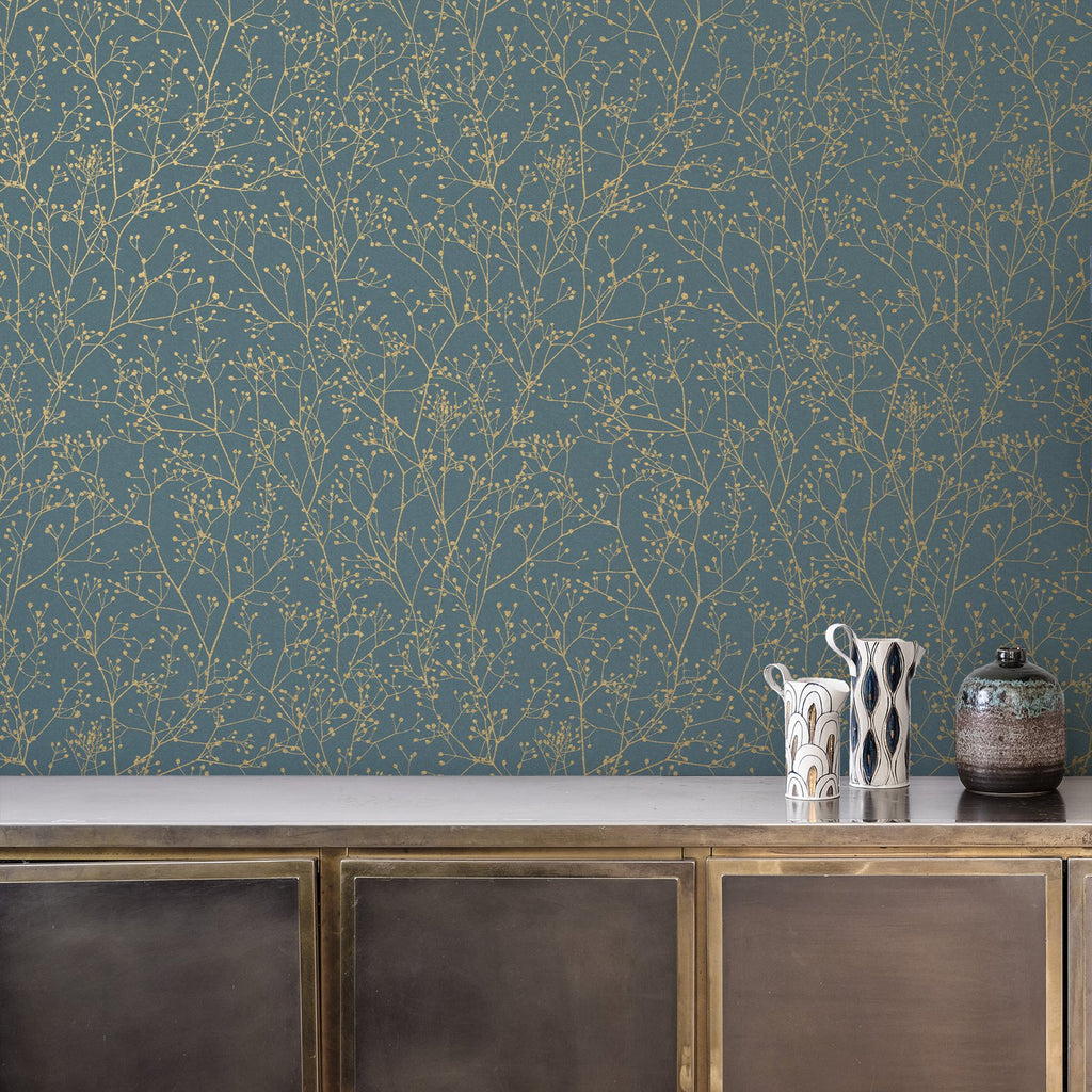 Gypsophila Airforce Blue & Soft Gold Wallpaper by Clarissa Hulse