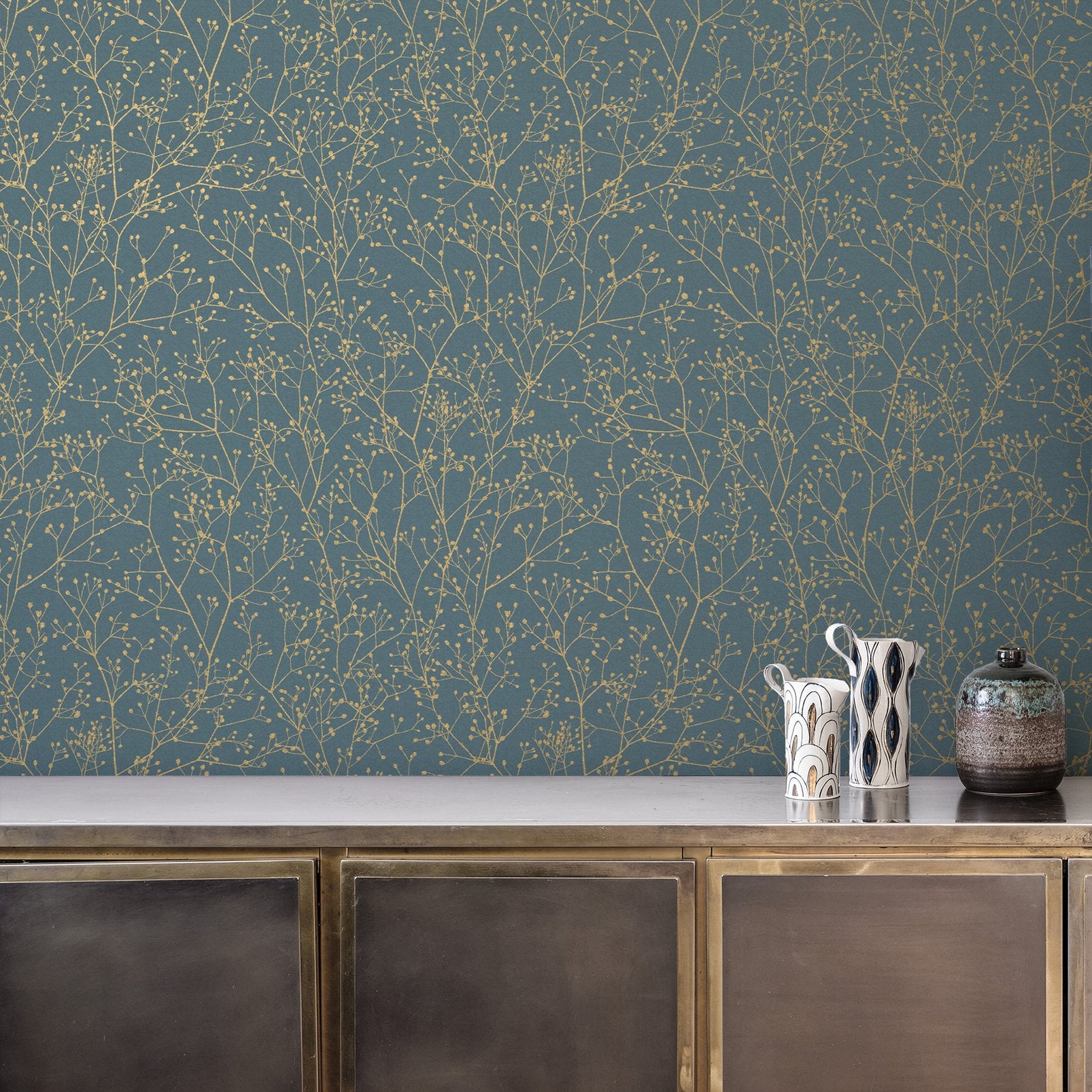 Gypsophila Airforce Blue & Soft Gold Wallpaper by Clarissa Hulse