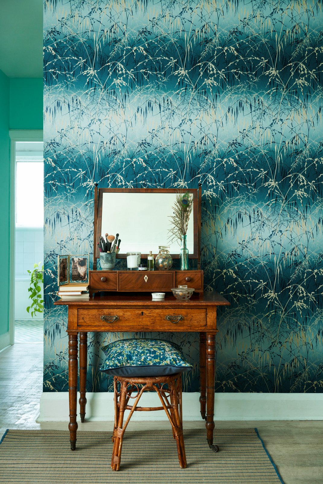Meadow Grass Teal & Soft Gold Wallpaper by Clarissa Hulse