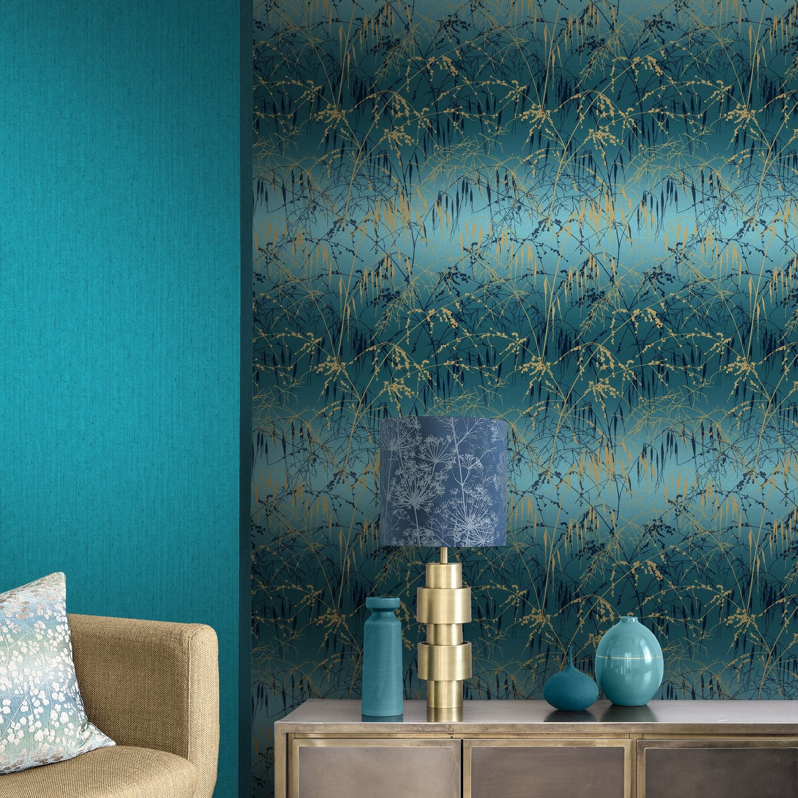 Meadow Grass Teal & Soft Gold Wallpaper by Clarissa Hulse