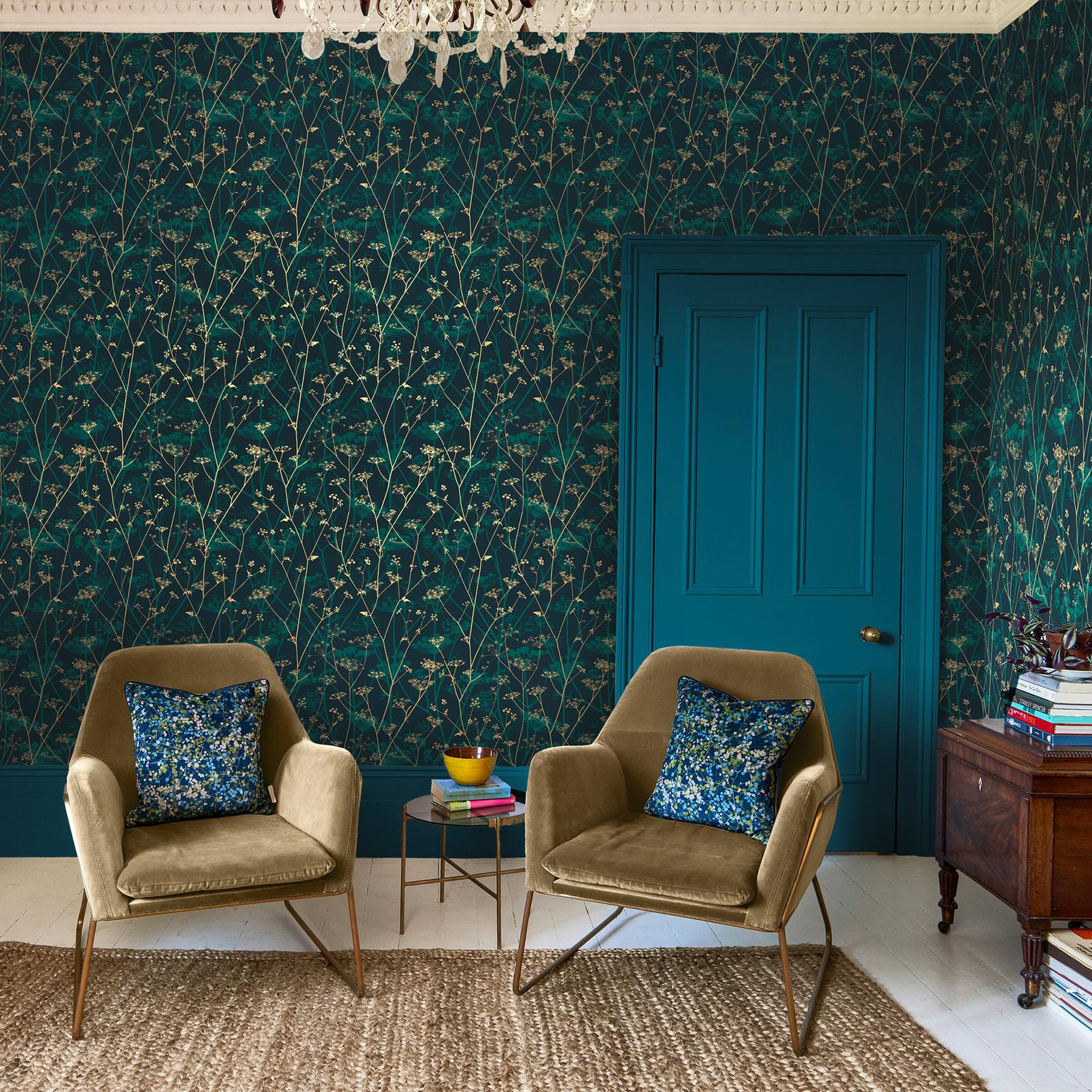 Wild Chervil Kingfisher & Gold Wallpaper by Clarissa Hulse