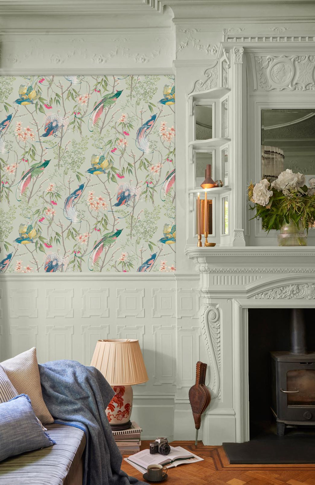 Clavering Birds Morning Sage Wallpaper