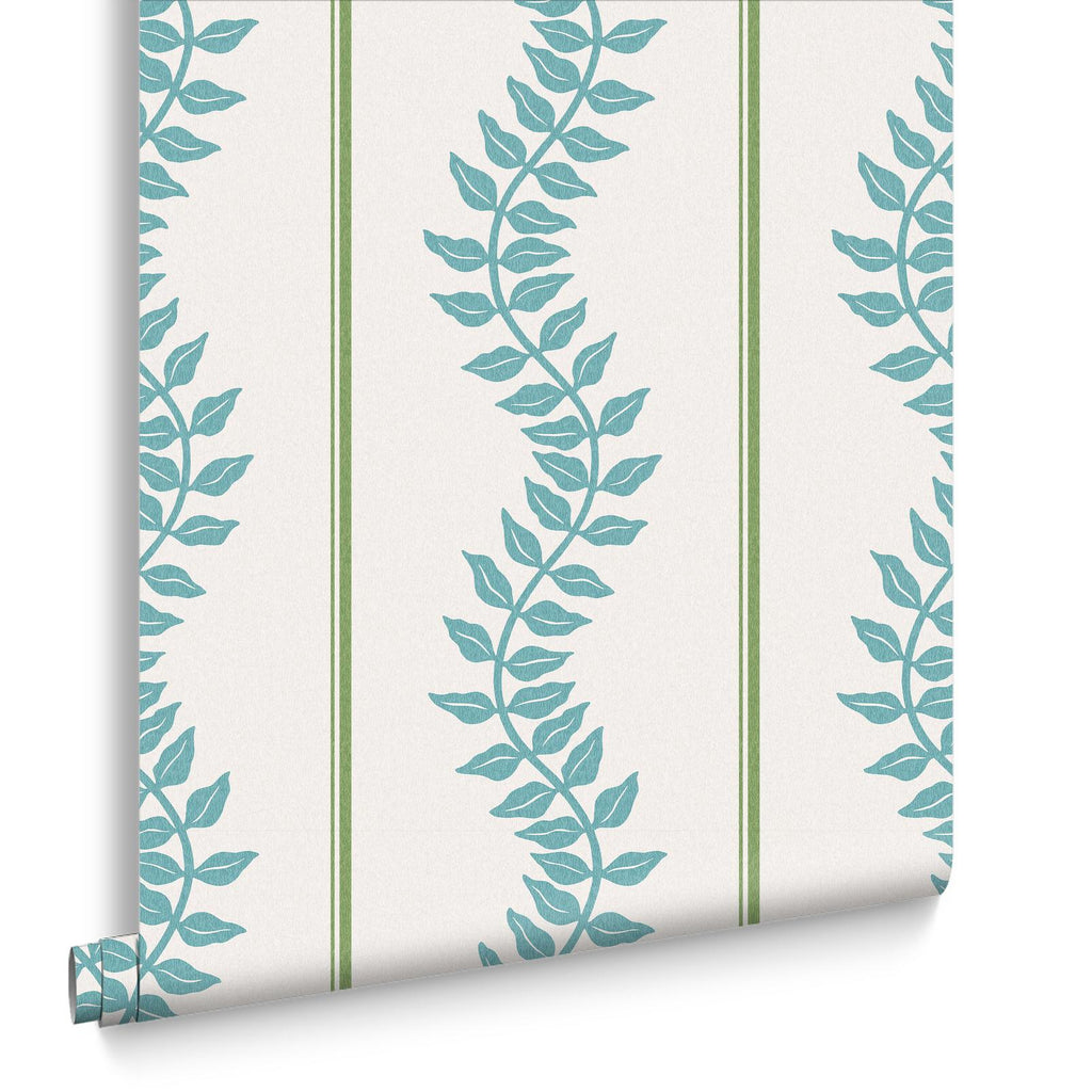 Laurel Leaf Stripe Blue & Green Wallpaper