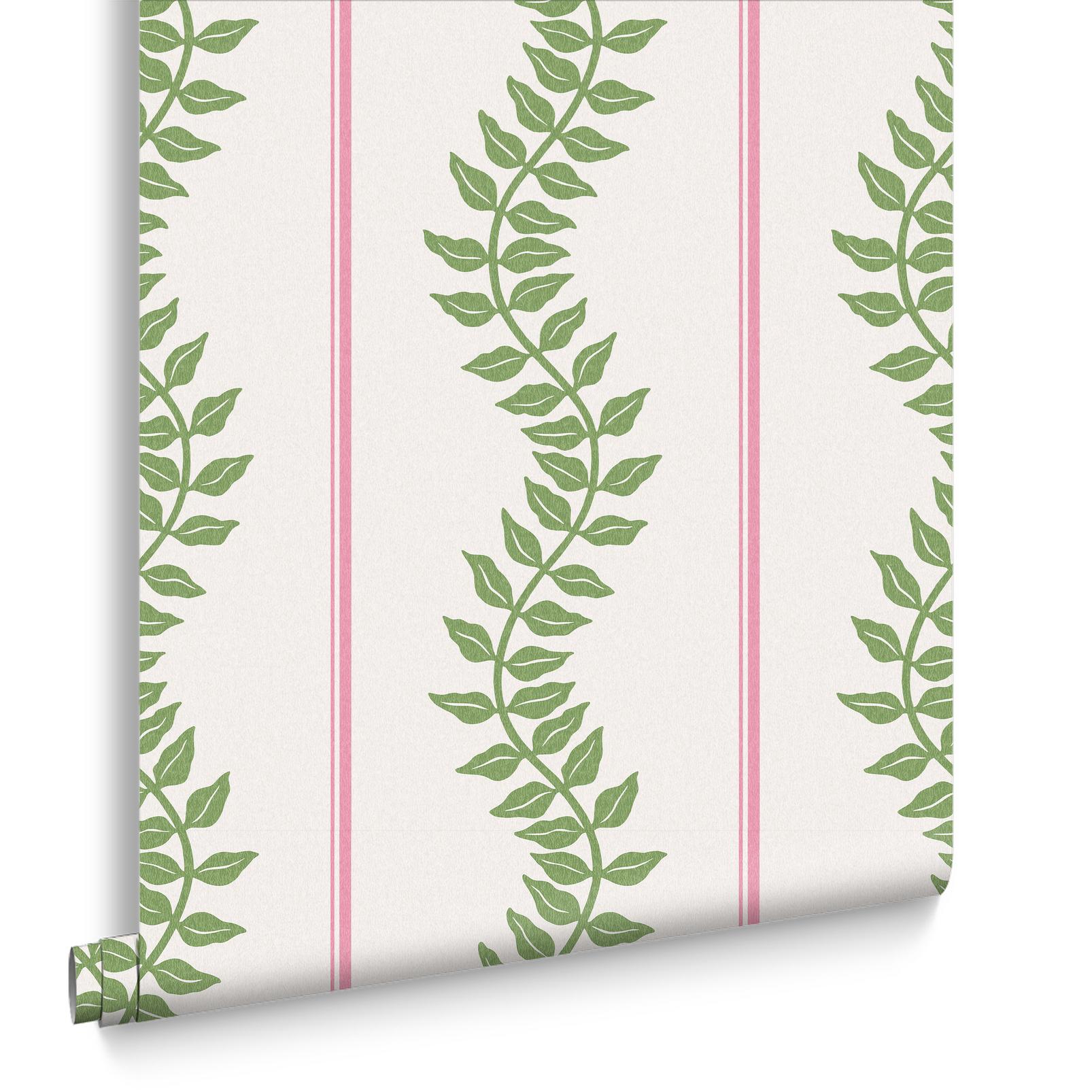Laurel Leaf Stripe Pink & Green Wallpaper
