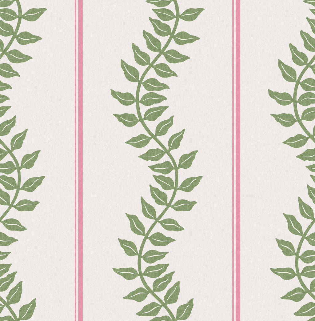 Laurel Leaf Stripe Pink & Green Wallpaper