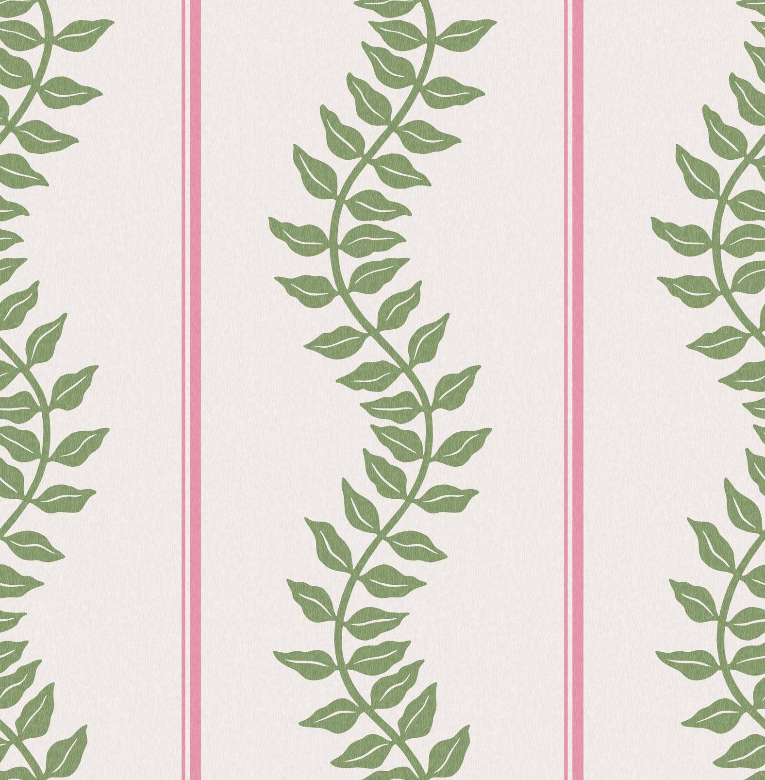 Laurel Leaf Stripe Pink & Green Wallpaper
