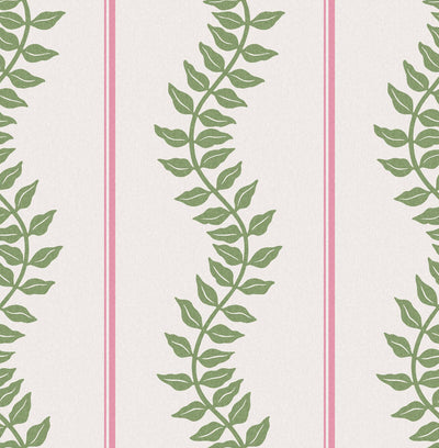Laurel Leaf Stripe Pink & Green Wallpaper