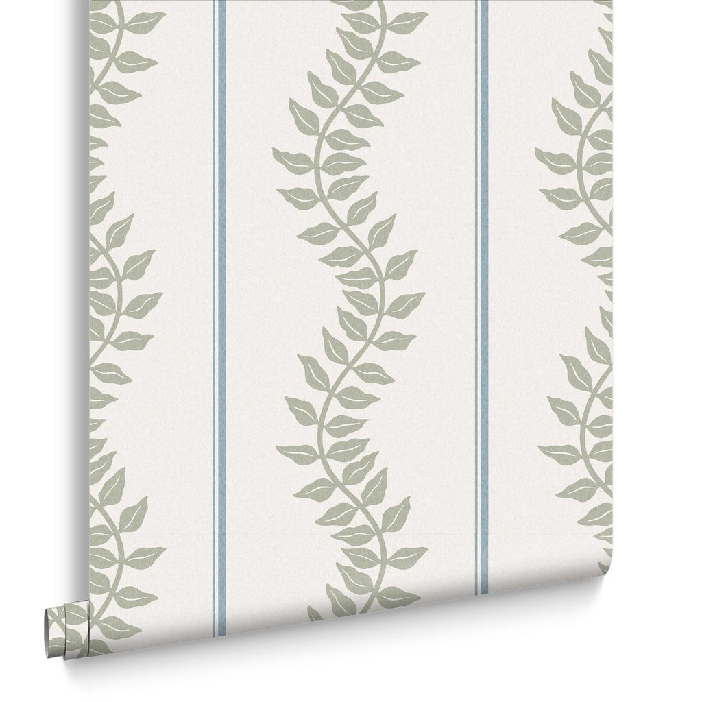 Laurel Leaf Stripe Sky & Green Wallpaper