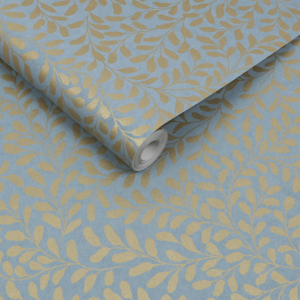 Gilded Leaf Sky Blue & Pale Gold Wallpaper