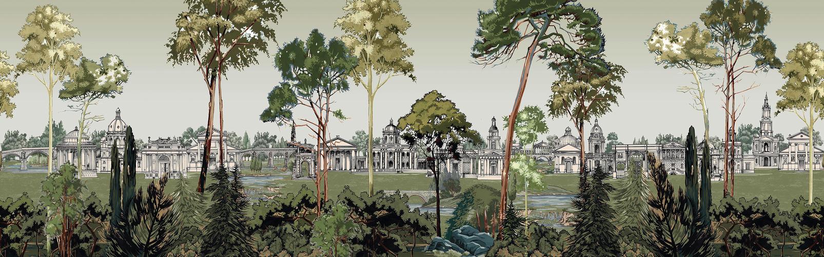 Stately Promenade Soft Green Panoramic Bespoke Mural