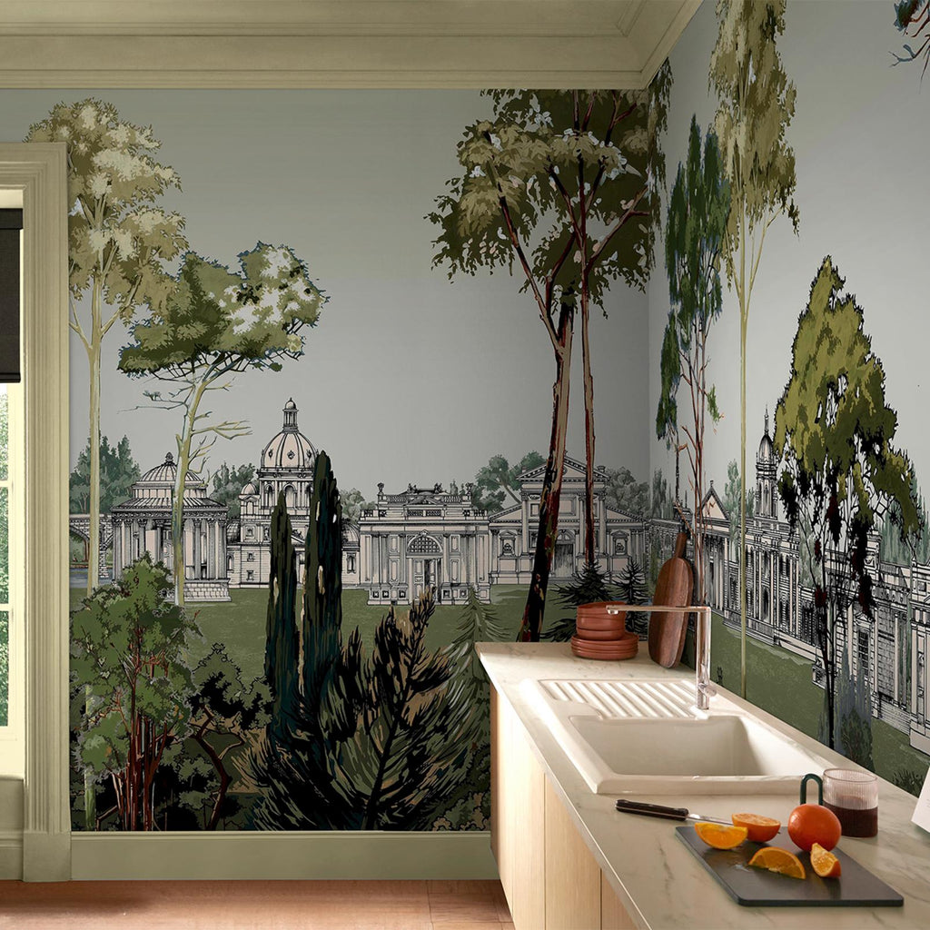 Stately Promenade Soft Green Panoramic Bespoke Mural