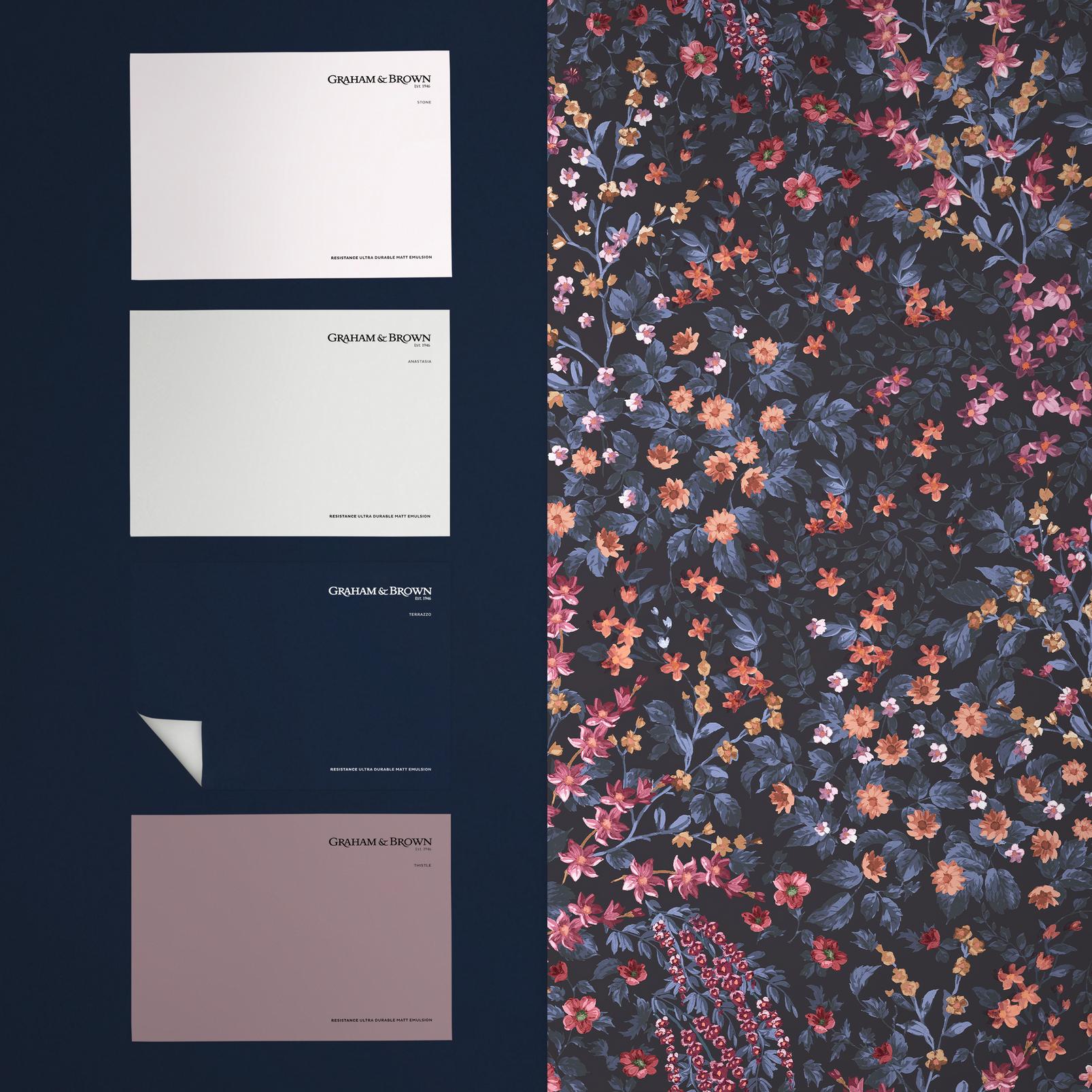 Painterly Flora Blue & Pink Wallpaper