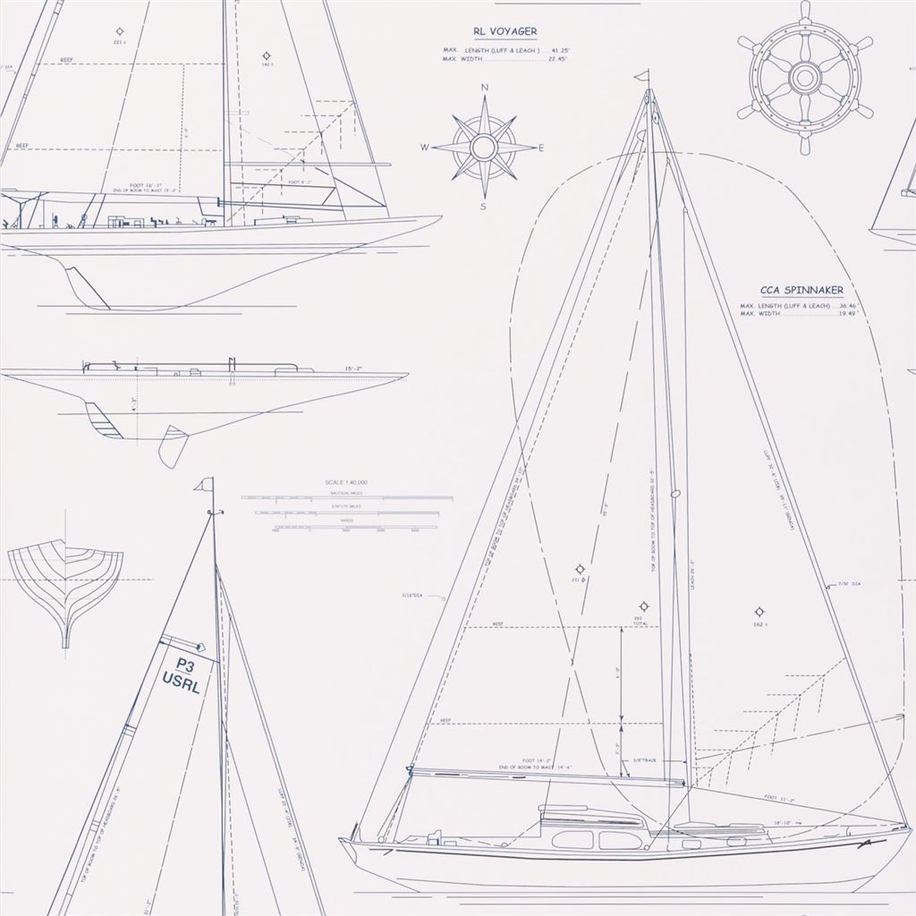 Boat Blueprint Dark Blue On White (Coastal Papers)