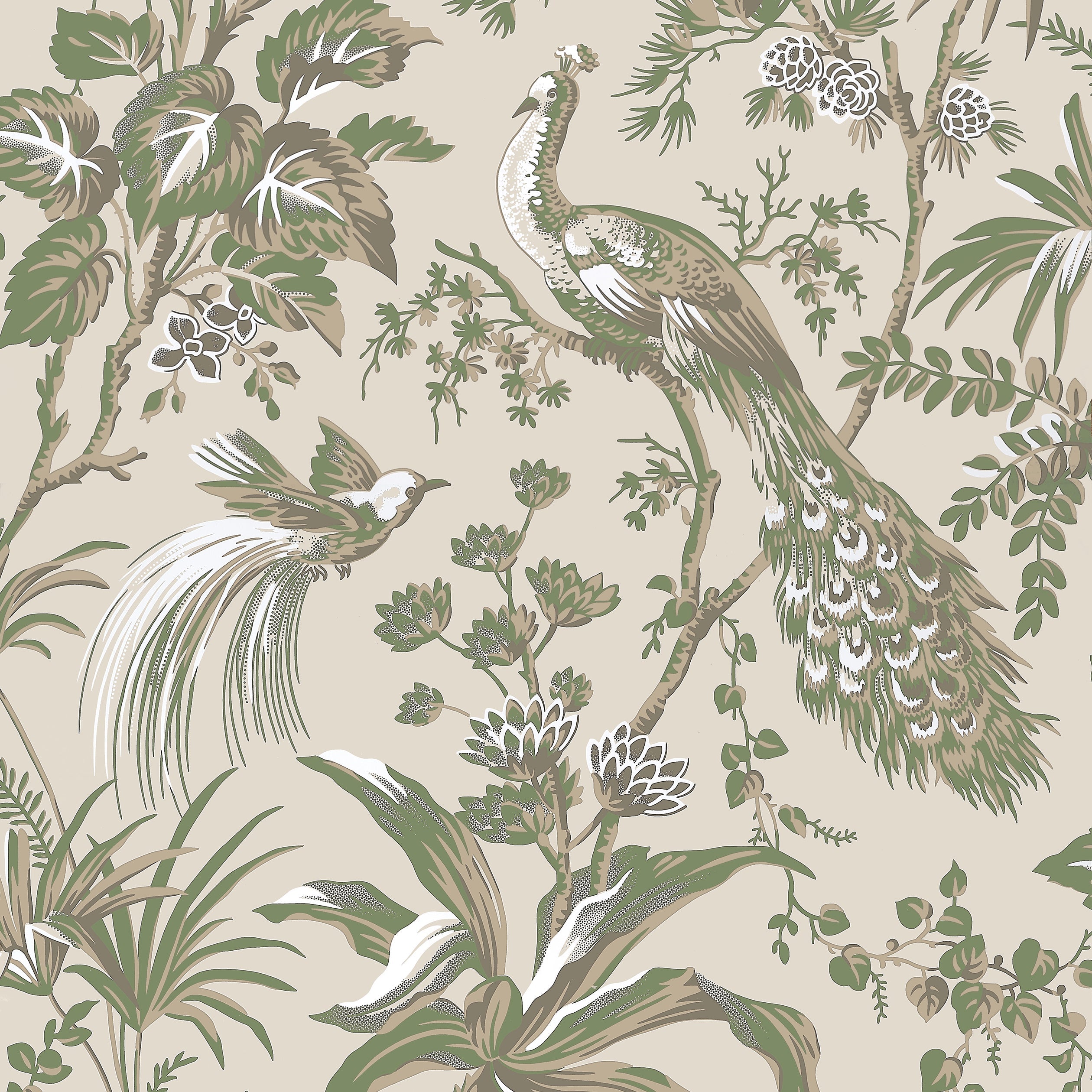 PEACOCK TOILE - Green on Natural