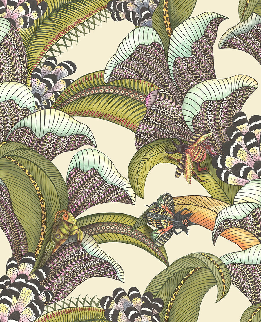 Hoopoe Leaves Olive, Chartreuse & Fuchsia on Cream