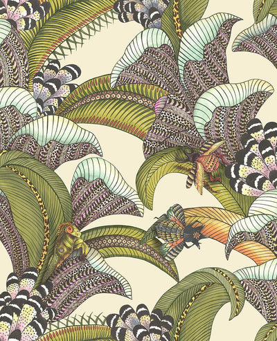 Hoopoe Leaves Olive, Chartreuse & Fuchsia on Cream