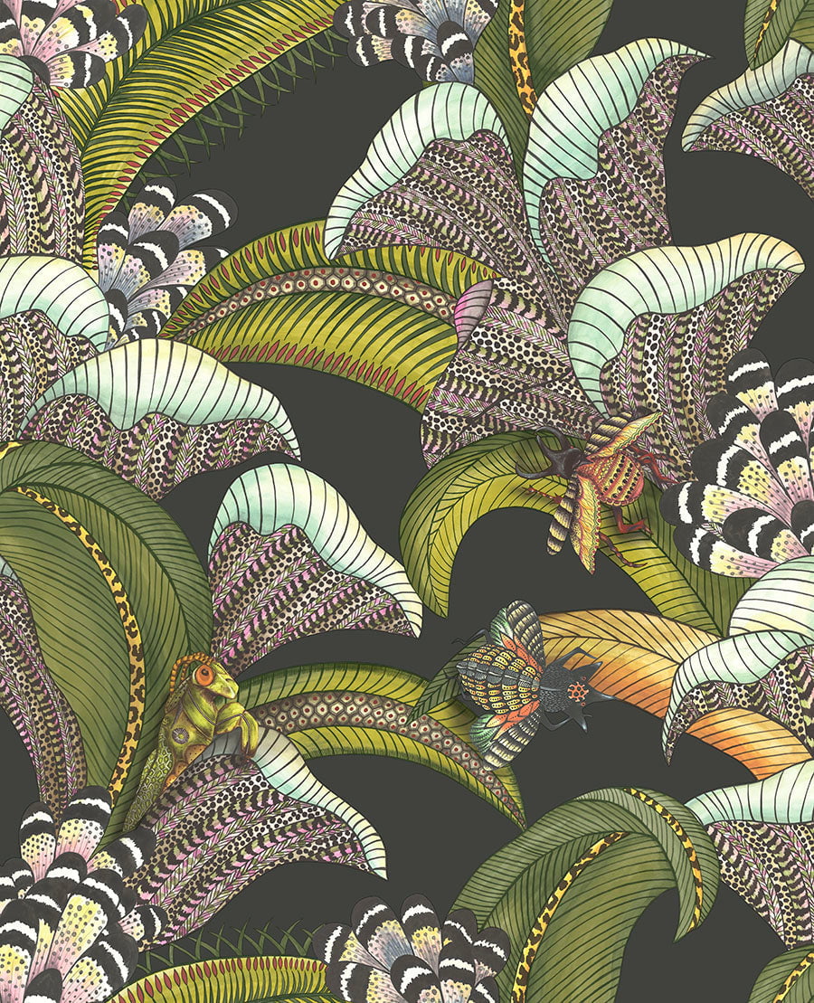 Hoopoe Leaves Olive Green, Chartreuse & Fuchsia on Black
