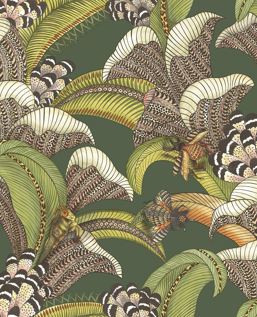 Hoopoe Leaves Spring Green, Chartreuse & Coral on Forest