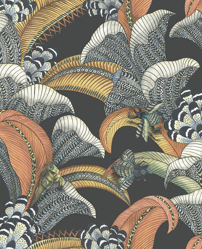 Hoopoe Leaves Terracotta, Ochre & Ice Blue on Charcoal