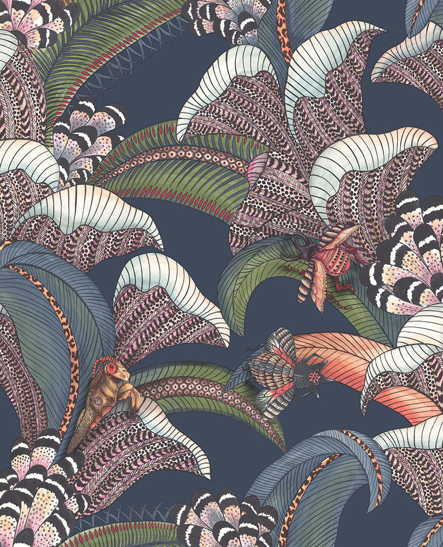Hoopoe Leaves Denim, Forest Green & Magenta on Midnight