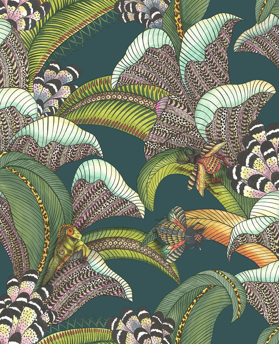 Hoopoe Leaves Forest Green, Lime & Fuchsia on Dark Viridian