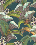 Hoopoe Leaves Forest Green, Lime & Fuchsia on Dark Viridian