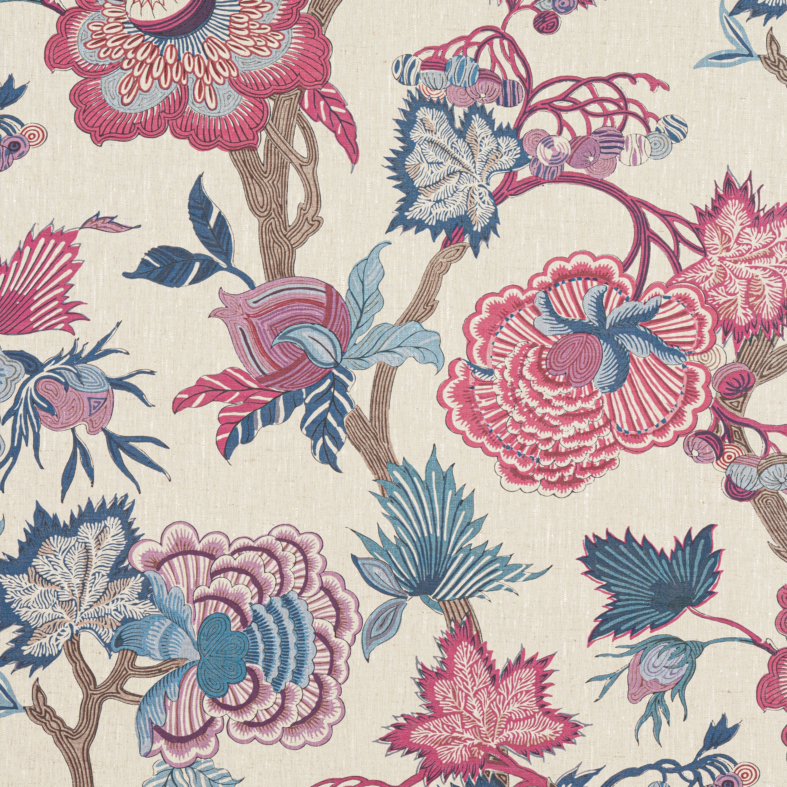 INDIENNE JACOBEAN - Raspberry and Blue on Natural