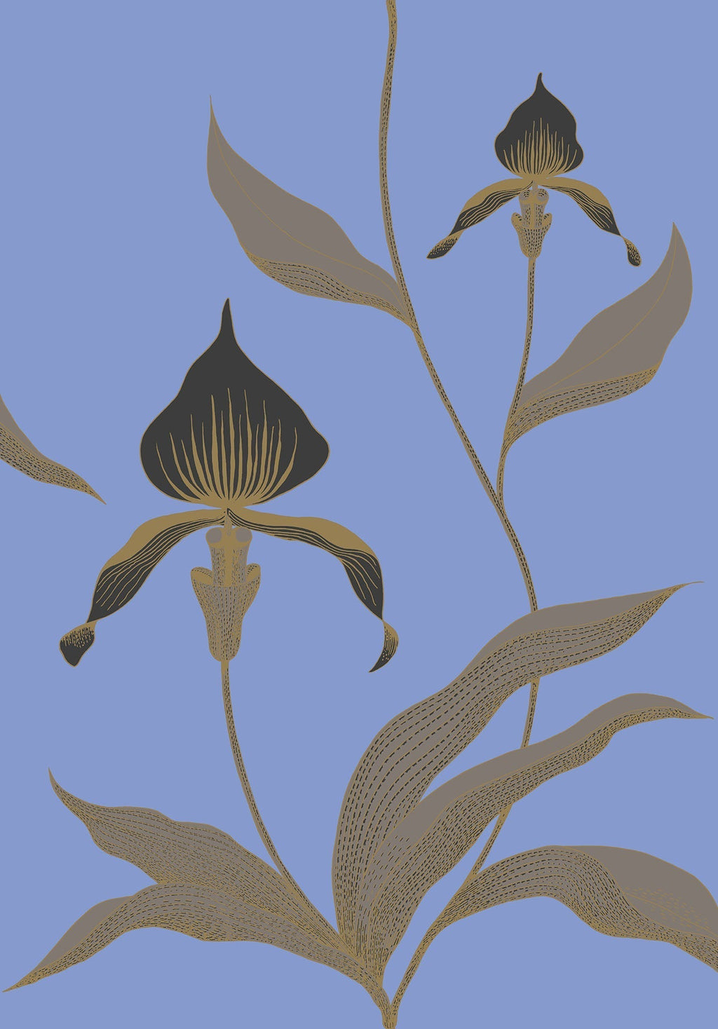 Orchid Charcoal, Taupe & Metallic Gold on Hyacinth Blue