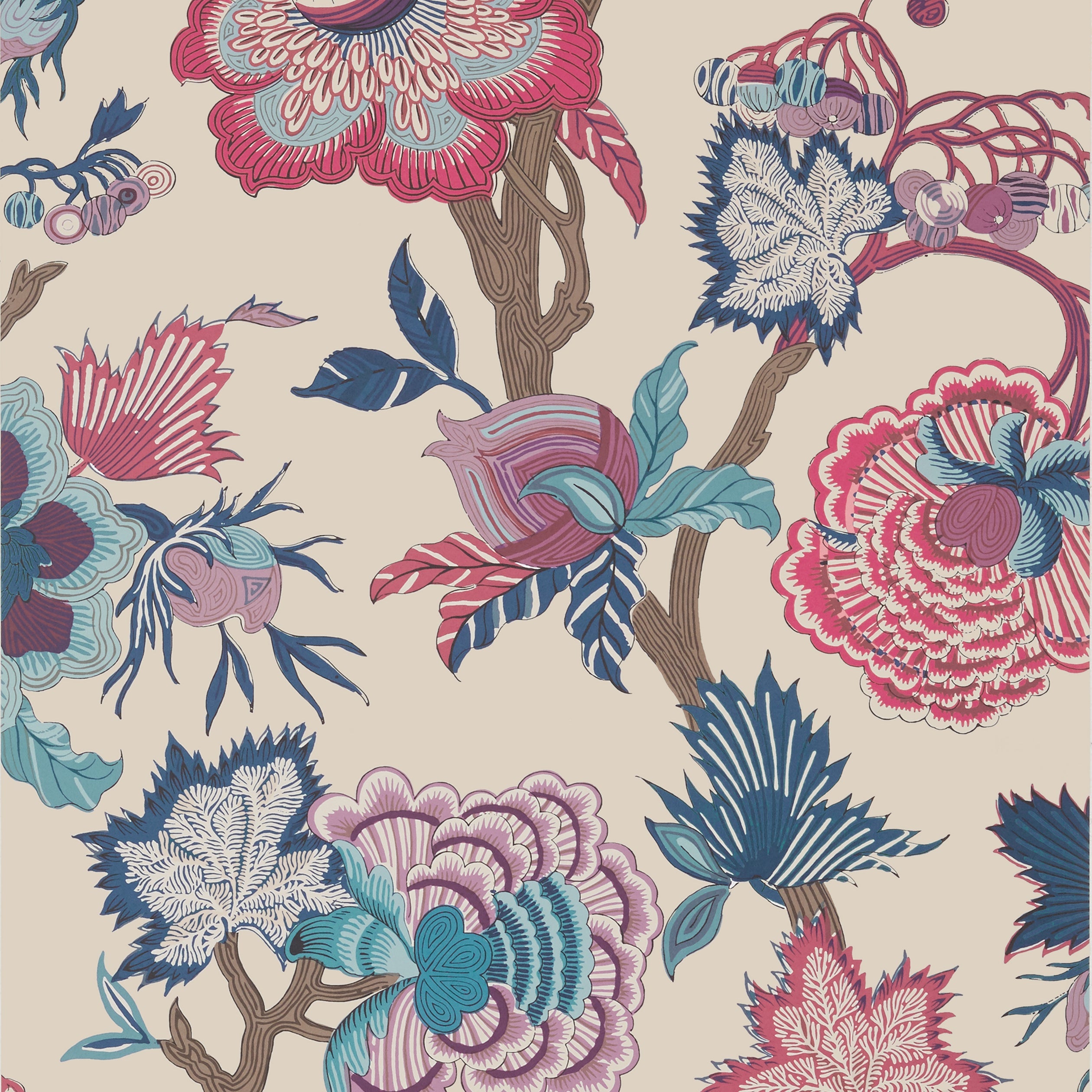 INDIENNE JACOBEAN - Raspberry and Blue on Natural