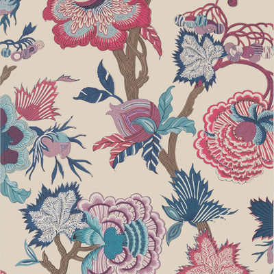 INDIENNE JACOBEAN - Raspberry and Blue on Natural